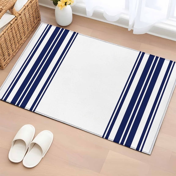 Navy Blue and White Striped Entryway Rug 2'x3' Modern Minimalist Vertical Lines Small Area Rug Non-Slip Front Door Mat Washable Floor Carpet for Indoor Entrance Kitchen Bathroom