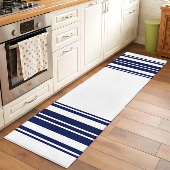 Navy Blue and White Striped Hallway Washable Runner Rug 2x6 Modern Minimalist Vertical Lines Kitchen Runner Mat with Non Slip Backing Low Pile Thin Floor Carpet for Indoor Bedroom Living Room