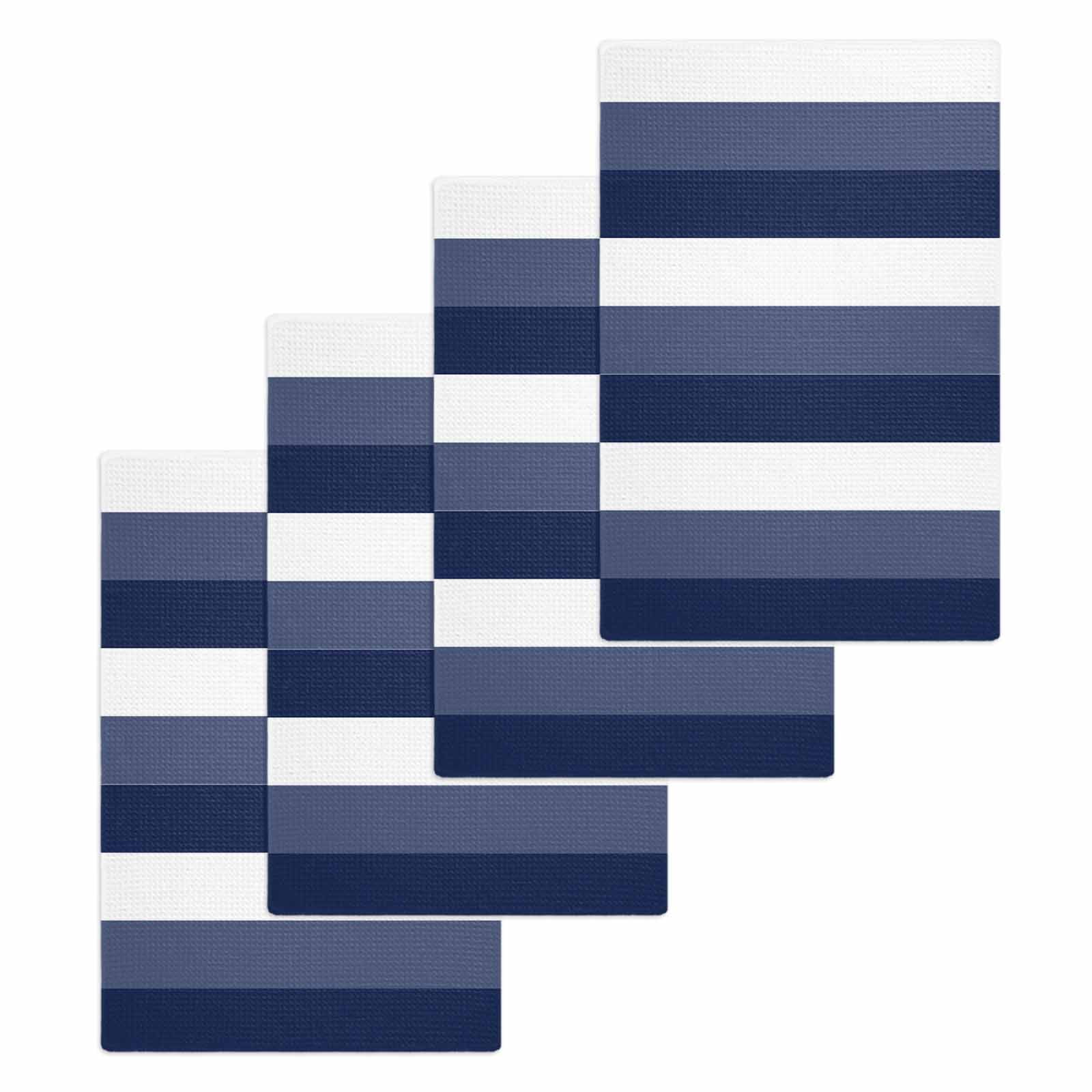 Navy Blue White Striped Hand Towels Set, Waffle Weave Kitchen Towels 4 Pieces, Farmhouse Stripes Microfiber Hair Face Bath Tea Towel Absorbent Quick Drying Cleaning Dish Cloths, 15.7"x23.6"