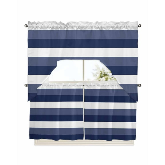 Navy Blue White Striped Kitchen Curtain and Valance Set 3 Pieces, Rod Pocket Short Tier Curtains 24 Inch Length, Farmhouse Stripes Swag Topper Small Window Treatment for Cafe Bathroom Bedroom