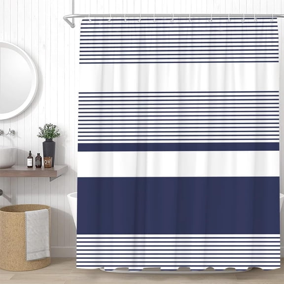 Navy Blue White Striped Shower Curtain, Horizontal Stripe Modern Minimalist Classic Vintage Design, Polyester Fabric with Hooks 36"W x 72"H