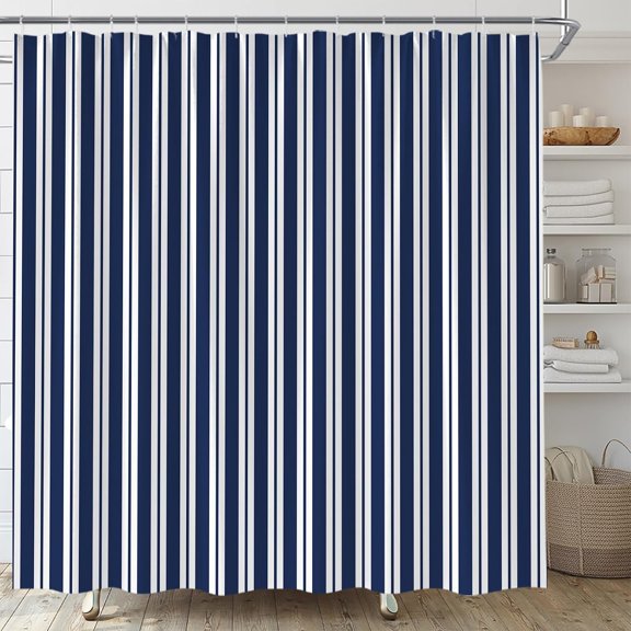 Navy Blue White Striped Shower Curtain, Vertical Stripe Pattern, Modern Geometric Farmhouse Bathroom Decor 36"W x 72"H