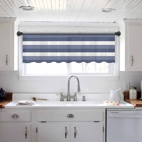 Navy Blue White Striped Valance Curtains for Kitchen/Living Room/Bathroom/Bedroom Window, Farmhouse Stripes Rod Pocket Small Topper Half Short Window Curtains Voile Sheer Scarf 60"x18"