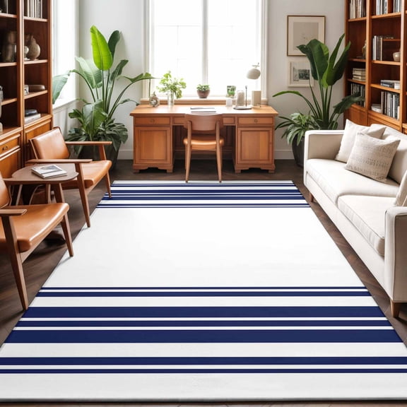 Navy Blue and White Striped Washable Area Rug 8 x 10 ft Modern Minimalist Vertical Lines, Soft Non Slip Rugs Stain Repellent Indoor Felt Carpet for Living Dining Room Bedroom Home Office