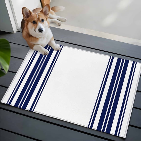 Navy Blue and White Striped Washable Entry Rug 2x3 Modern Minimalist Vertical Lines Low Pile Indoor Door Mat with Rubber Backing Thin Area Rug for for Entrance, Bedroom, Kitchen, Laundry, Bathroom