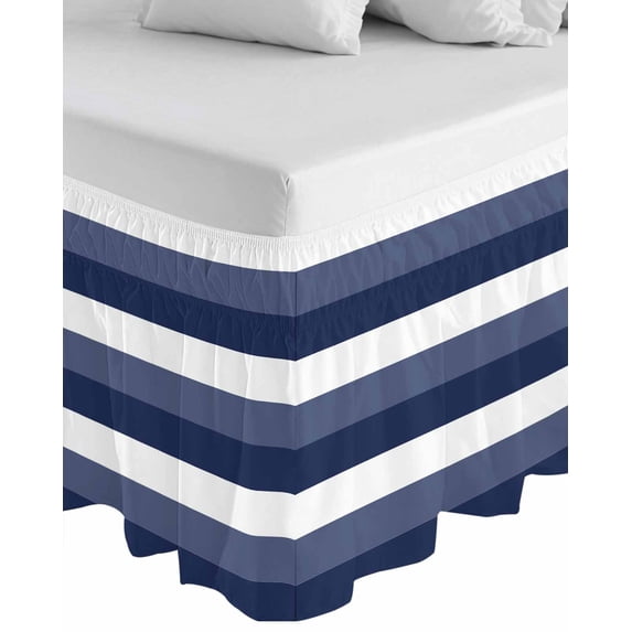 Navy Blue White Striped Wrap Around Bed Skirts for Queen Bed 16" Drop, Bed Skirt with Adjustable Elastic Belt Dust Ruffle Bed Valance for Bedroom Hotel Luxury Farmhouse Stripes Bed Frame Cover