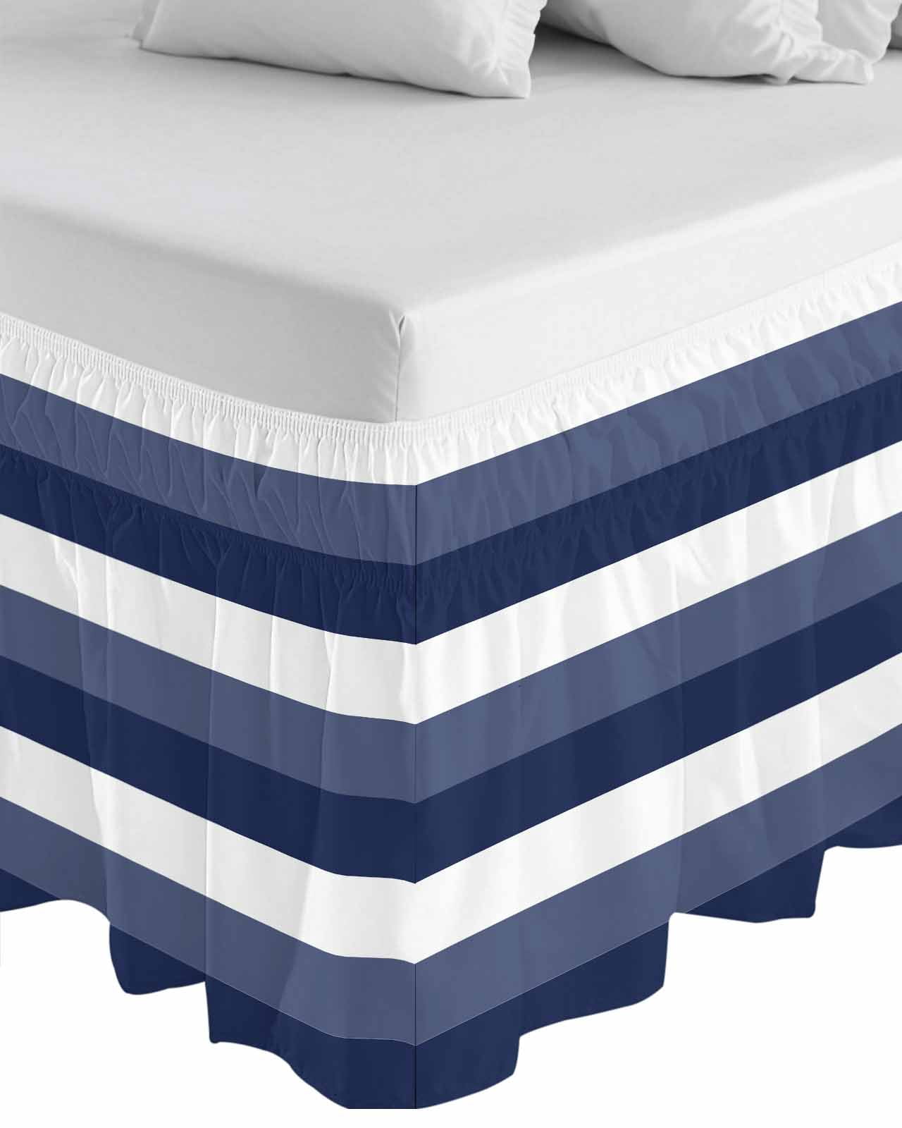 Navy Blue White Striped Wrap Around Bed Skirts for Queen Bed 18" Drop, Bed Skirt with Adjustable Elastic Belt Dust Ruffle Bed Valance for Bedroom Hotel Luxury Farmhouse Stripes Bed Frame Cover