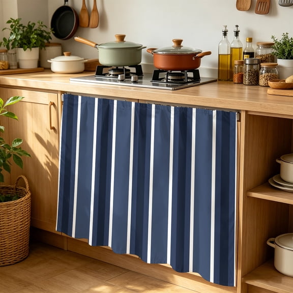 Navy Blue White Stripes Cabinet Curtains 35" W x 35" L Modern Minimalist Navy Blue Lines Waterproof Adhesive Kitchen Under Sink Curtain Dust-Proof Dishwasher Skirt for Closet