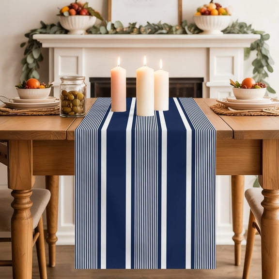 Navy Blue White Stripes Dining Table Runner, Lines Modern Vertical Stripes Washable Table Runners Kitchen Coffee Table Center Decor for Home Party Holiday Wedding 13 x 36 Inches
