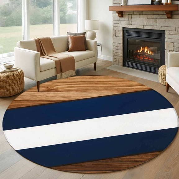 Navy Blue White Stripes Round Rug 5ft Washable Circle Kitchen Rugs Non Slip Farmhouse Striped Vintage Large Area Rug Indoor Floor Carpet for Bedroom Living Room Home Office Dining Room Nursery