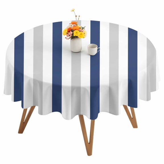 Navy Blue White Stripes Round Tablecloth 54 inches Minimalist Abstract Vertical Striped Waterproof Oil-Proof Table Cloth Round Table Cover for Holiday Party Picnic Dinner Decor Indoor and Outdoor Use