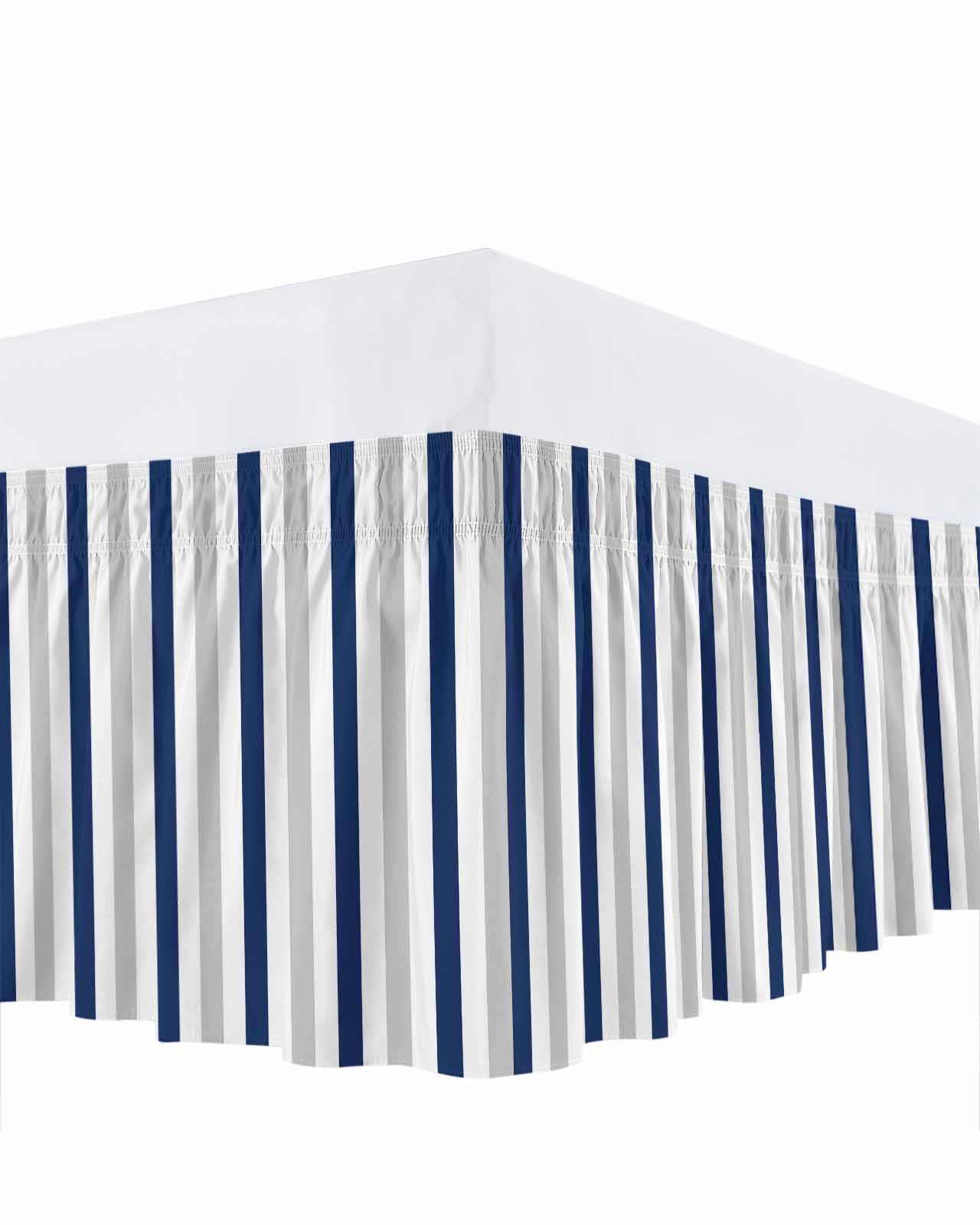 Navy Blue White Stripes Ruffle Bed Skirt King Size Minimalist Abstract Vertical Striped Adjustable Elastic Dust Bed Skirts Wrap Around Bedskirt Wrinkle Free Easy Fit with 18 Inch Drop