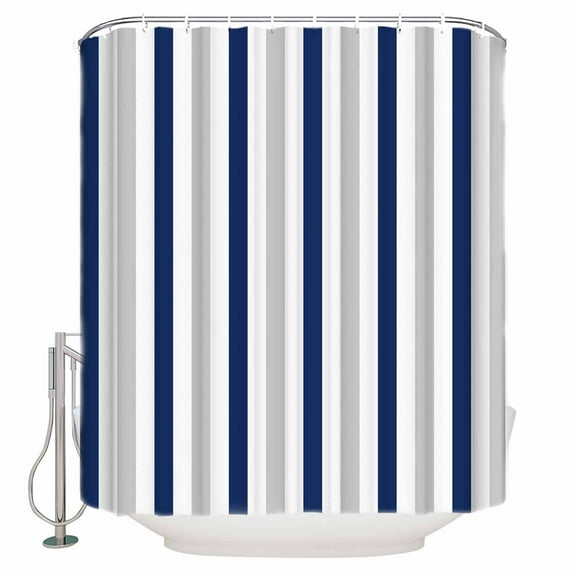 Navy Blue White Stripes Shower Curtain, 66" x 72", Minimalist Abstract Vertical Striped Waterproof Bathroom Curtain Washable Shower Curtain Set with 12 Hooks