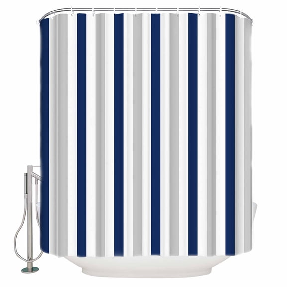 Navy Blue White Stripes Shower Curtain, 72" x 72", Minimalist Abstract Vertical Striped Waterproof Bathroom Curtain Washable Shower Curtain Set with 12 Hooks