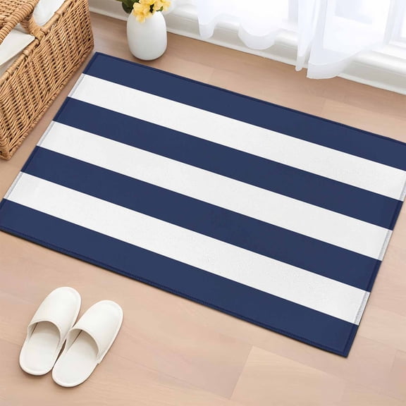Navy Blue White Stripes Simple 2'x3' Rug for Entryway Front Door Kitchen Sink Area, Geometric Low Pile Washable Non Slip Rectangle Area Rug