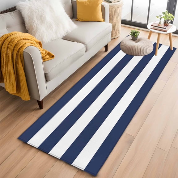 Navy Blue White Stripes Simple 2'x6' Runner Rug for Hallway Walkway Kitchen Galley, Geometric Low Pile Washable Non Slip Long Area Rug