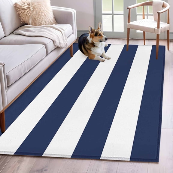 Navy Blue White Stripes Simple 3'x5' Rug for Bedroom Foot of Bed Small Living Room, Geometric Washable Non Slip Rectangle Area Rug