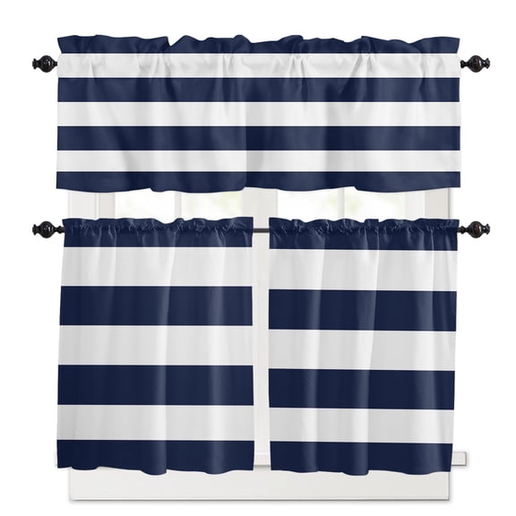 Navy Blue White Stripes Simple Kitchen Curtains Valances and Tiers Set of 3, 24 Inch Length Tier Curtains and Valance Rod Pocket Valance Curtains Set for Kitchen Bathroom Small Windows