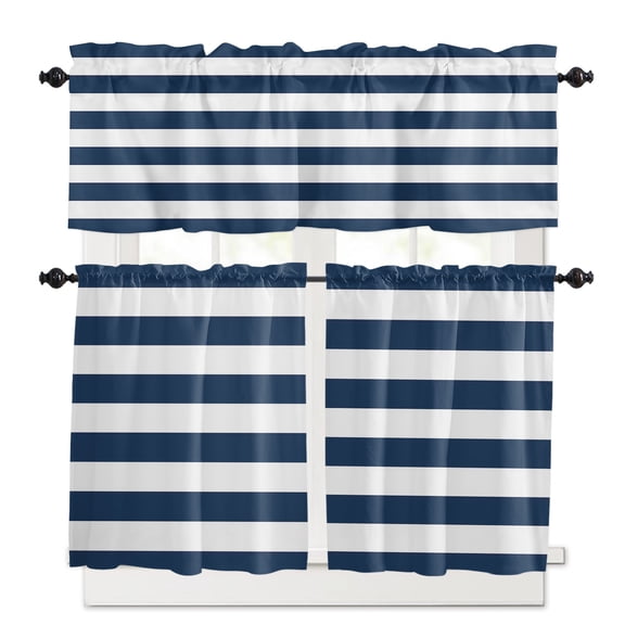 Navy Blue White Stripes Simple Kitchen Curtains Valances and Tiers Set of 3, 24 Inch Length Tier Curtains and Valance Rod Pocket Valance Curtains Set for Kitchen Bathroom Small Windows