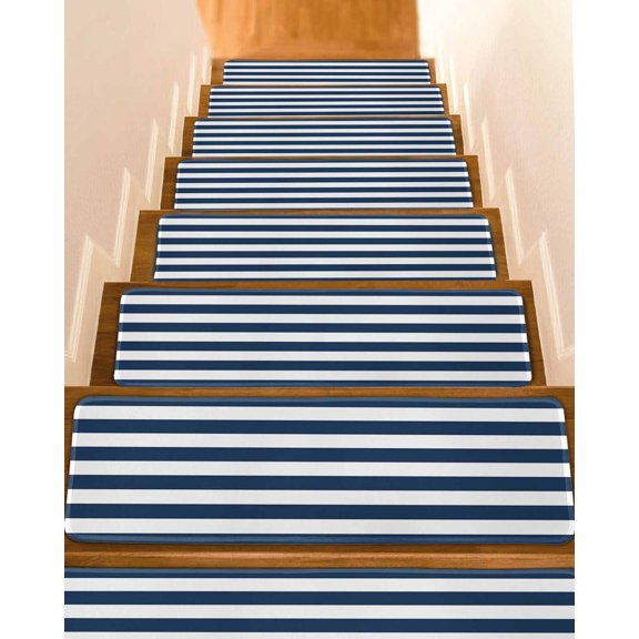 Navy Blue White Stripes Simple Stair Treads Non Slip for Steps Geometric 10 Pcs Reusable Adhesive Stair Runner Mats for Dogs Elders Carpet Treads Rugs for Staircase 8x30 In