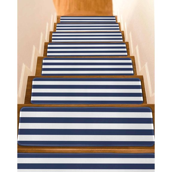 Navy Blue White Stripes Simple Stair Treads Non Slip for Steps Geometric 4 Pcs Reusable Adhesive Stair Runner Mats for Dogs Elders Carpet Treads Rugs for Staircase 8x30 In