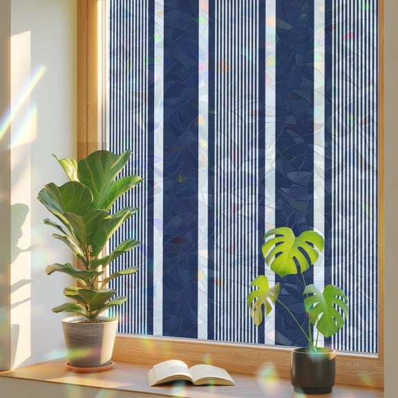 Navy Blue White Stripes Window Privacy Film, Lines Modern Vertical Stripes Stained Glass Rainbow Film Decorative Window Clings, Static Cling Sun Blocking Stickers 17.7" x 39.3"