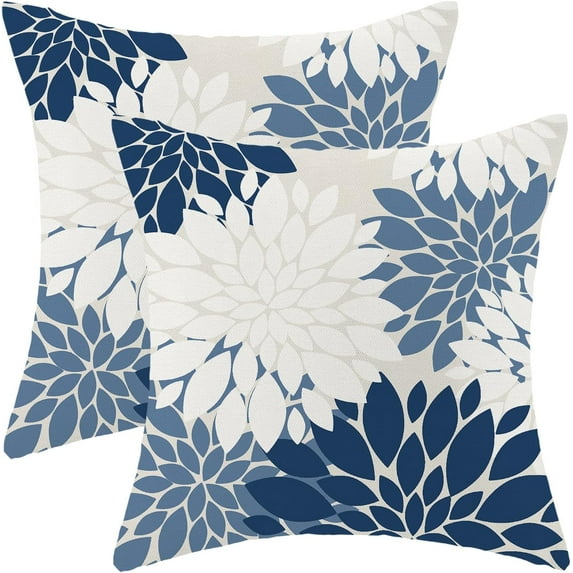 Navy Blue White Summer Outdoor Pillow Covers 18x18 Inch Set of 2 Dusty Blue Dahlia Floral Decor Throw Pillows Modern Geometry Flower Decorative Cushion Cases for Sofa Couch Bed Decorations