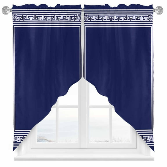 Navy Blue White Swag Valances for Windows 2 Pack Geometric Greek Style Abstract Art Swag Kitchen Curtains 63 Inches Long Rod Pocket Short Window Treatment for Kitchen Bathroom 36"x63"
