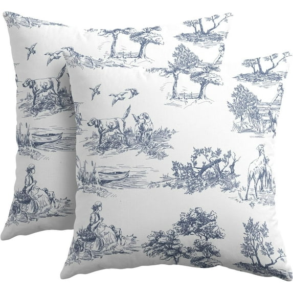 Navy Blue and White Toile Pillow Covers 16x16 Inch Set of 2 French Country Decor Vintage Cottage Outdoor Throw Pillow Covers Rustic Farmhouse Pillow Cases Cotton Linen Square Cushion Covers for Couch