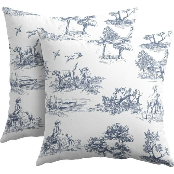 Navy Blue and White Toile Pillow Covers 20x20 Inch Set of 2 French Country Decor Vintage Cottage Outdoor Throw Pillow Covers Rustic Farmhouse Pillow Cases Cotton Linen Square Cushion Covers for Couch