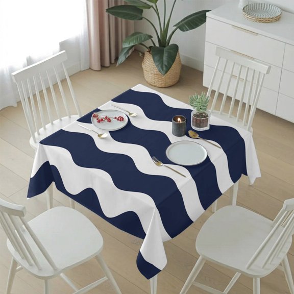 Navy Blue White Waves Ripple Table Cloth 54x54in, Waterproof Square Tablecloth Wipeable Tablecloths Zigzag Abstract Geometric Art Table Covers for Dining Tables Party Indoor Outdoor