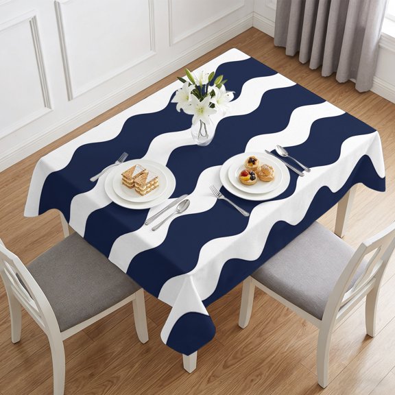 Navy Blue White Waves Ripple Table Cloth 60x84in, Waterproof Rectangle Tablecloth Wipeable Tablecloths Zigzag Abstract Geometric Art Table Covers for Dining Tables Party Indoor Outdoor