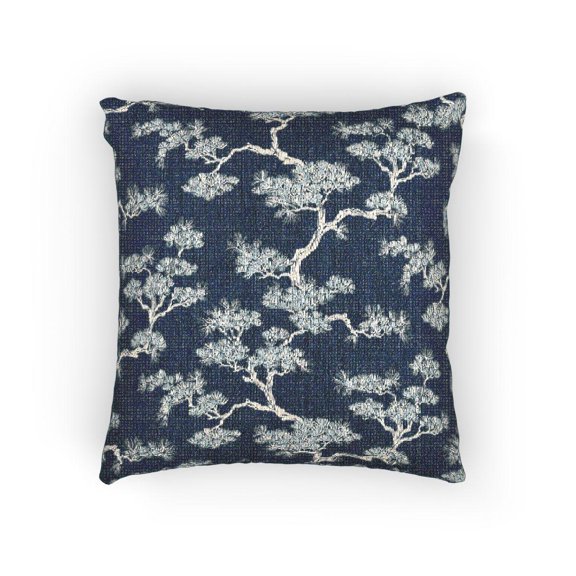 Navy Blue, White and Pale Blue Pine Tree Decorative Woven Pillow, Cotton-Polyester Shell, Botanical Style