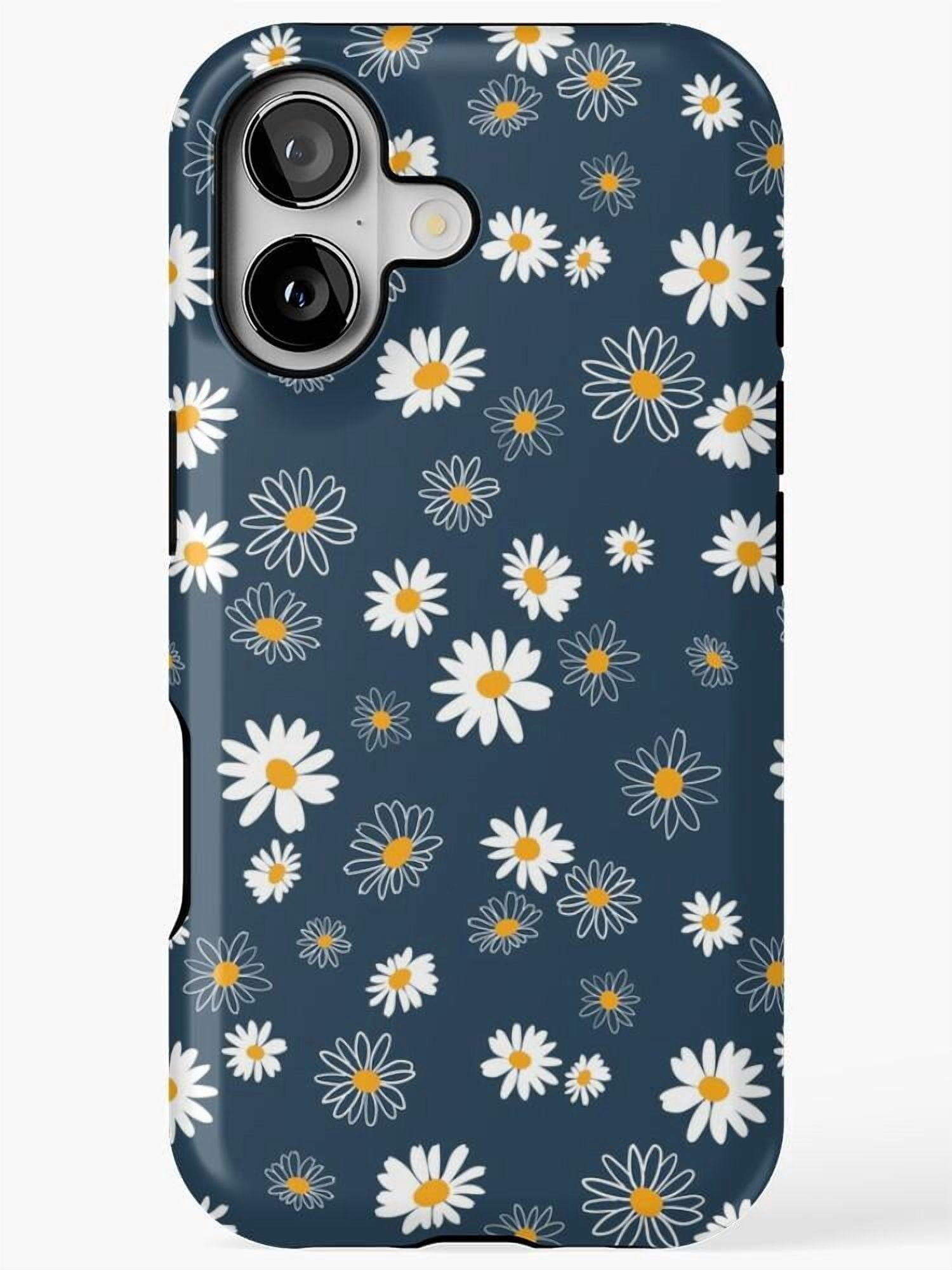 White Electronic Pattern Navy Blue, White and Yellow Daisy Floral Tough iPhone Case, Dual-Layer ...