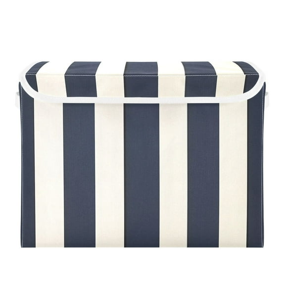 Navy Blue Wide Vertical Stripes Foldable Storage Bin with Lid and Handle Collapsible Storage Box 16.5 x 12.6 x 11.8 inches