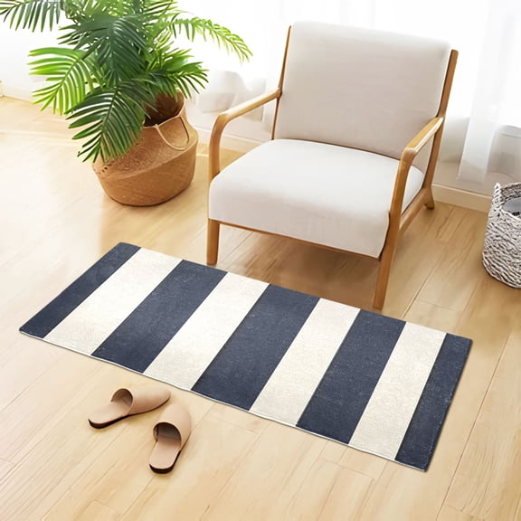 Navy Blue Wide Vertical Stripes Plush Carpet Non Slip Runner Rug Absorbent Bath Mat 39" x 20"