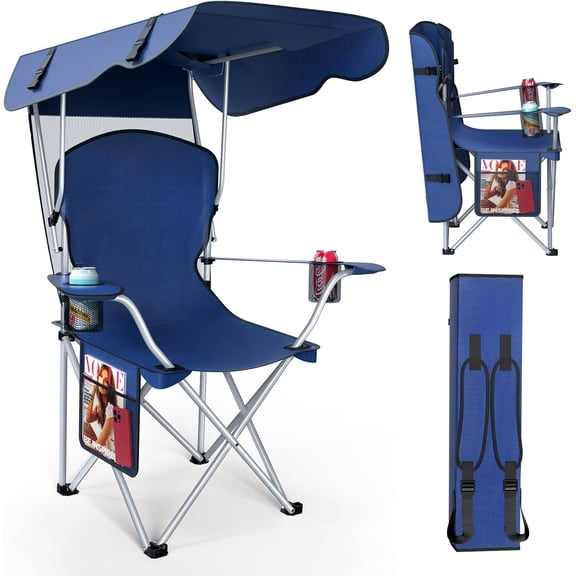 Navy Blue Widening ergonomic design with sunshade, foldable chair, alloy bracket for backpack storage, courtyard camping, fishing seat﻿