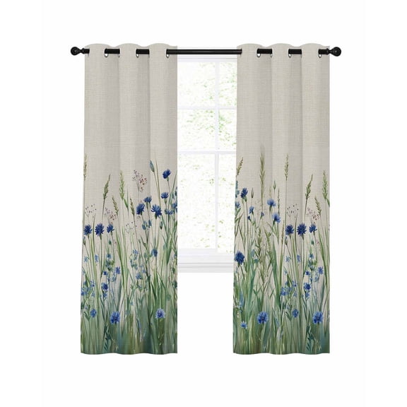 Navy Blue Wildflowers Blackout Curtains, Light Blocking Print Window Curtains, Pastoral Botanical Floral Beige Thermal Insulated Window Drapes for Living Room Kitchen Cafe 2 Panels, 84"W x 84"L