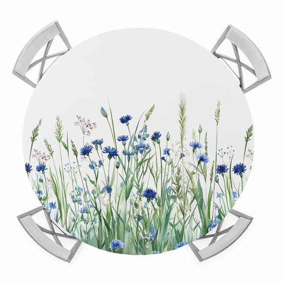 Navy Blue Wildflowers Round Tablecloth for 36-44 Inch Tables,Fitted Table Cover with Elastic Edge,Spring Pastoral Botanical Floral Waterproof Outdoor Table Cloth Protector for Patio Garden Dinner
