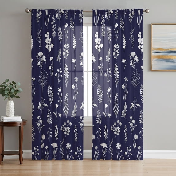Navy Blue Wildflowers Sheer Curtains 84 Inch Length 2 Panels Set, Farmhouse Botanical Garden Floral Voile Window Treatment Rod Pocket Curtains Sheers Drapes for Bedroom/Living Room/Kitchen 52"x84"x2