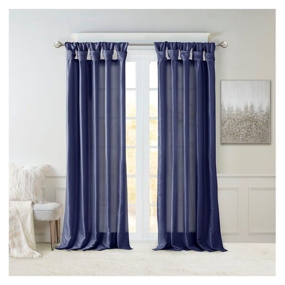 Navy Blue Window Curtain Panel - Faux Silk Sheen Twisted Tab Top - Privacy Lining Included - 50x120 Inch - Single Panel