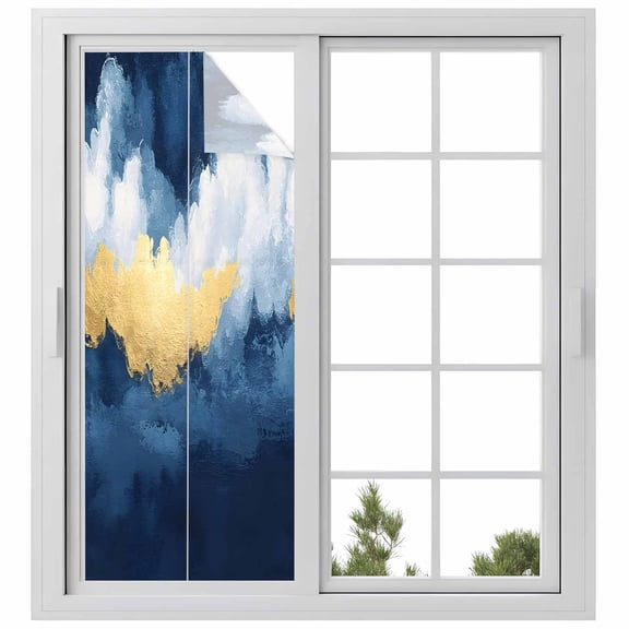 Navy Blue Window Privacy Film, Abstract Modern Oil Painting Art Static Cling UV Sun Blocking Heat Control Window Tint Day and Night, Non-Adhesive Reusable One Way Windows Privacy Cover 23.6''x59''