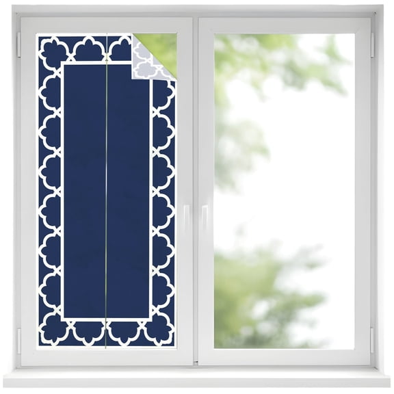 Navy Blue Window Privacy Film, Geometric Blue Morocco Printed Border Modern Rustic Frosted Glass Window Clings Static Cling UV Heat Blocking Reusable Door Sticker for Bathroom 17.7 x 39.3 Inch