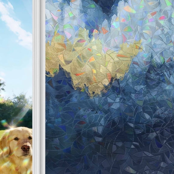 Navy Blue Window Privacy Film Stain Glass, Reusable Decorative Rainbow Window Film, Abstract Modern Oil Painting Art Non-Adhesive Static Cling Sun Blocking Stickers Decals Covers 17.7" x 39.3" (2pcs)