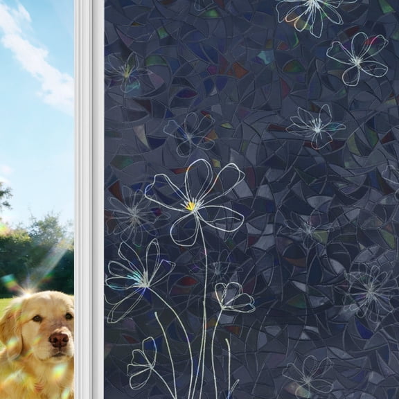 Navy Blue Window Privacy Film Stain Glass, Reusable Decorative Rainbow Window Film, Spring Flora Non-Adhesive Static Cling Sun Blocking Stickers Decals Covers 17.7" x 39.3" (2pcs)