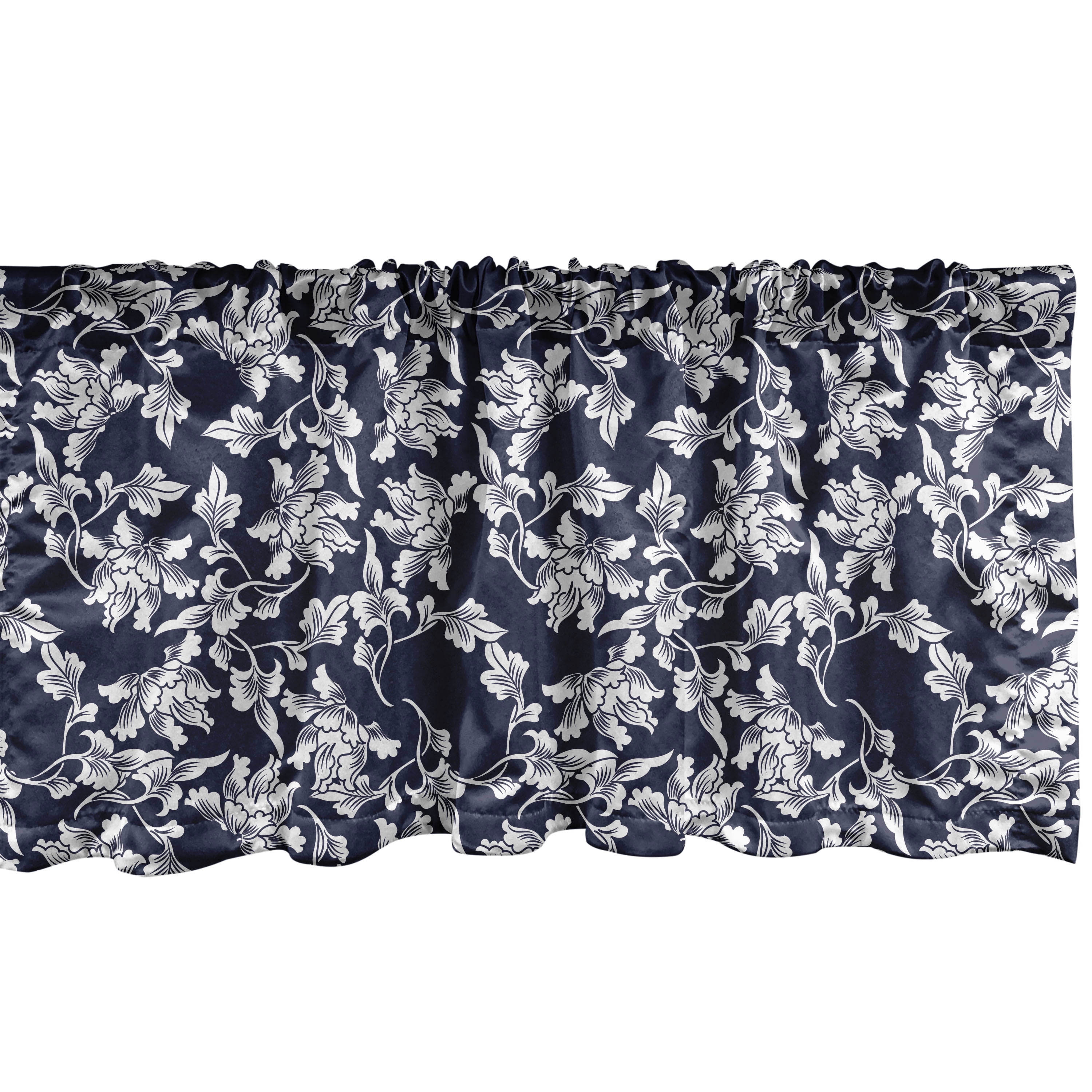 Navy Blue Window Valance, Floral Arrangement Botanic Foliage Pattern