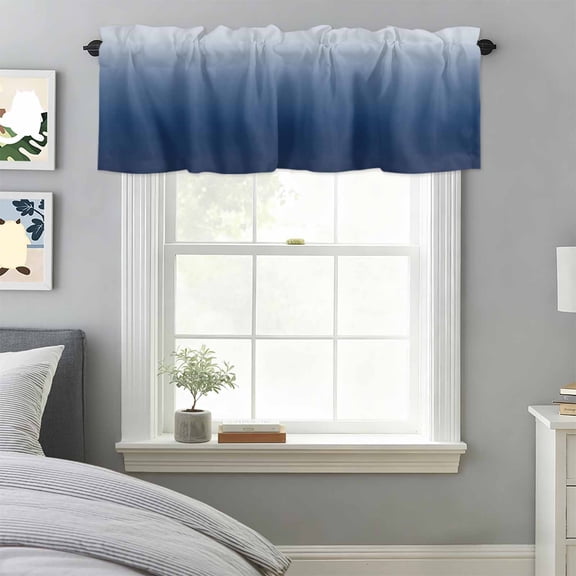 Navy Blue Window Valance for Kitchen, Gradient Solid Color Ombre Modern Art Rod Pocket Short Curtain for Small Windows, Light Filtering Decorative Valance, 54 x 18 Inch, 1 Panel