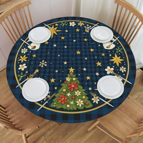 Navy Blue Winter Holy Nativity Round Tablecloth Farmhouse Table Cover with Elastic Edge Washable Fitted Table Cloth for Kitchen Patry Outdoor Decor Fits 45"-50", Medium