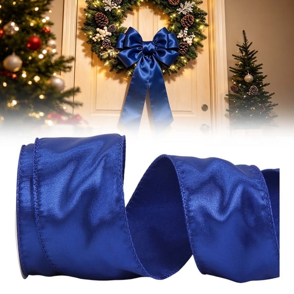 Navy Blue Wired Ribbon, Crimped Edge Ribbon for Christmas Wreath Garland, Used for Gift Packaging and Christmas Tree Decoration