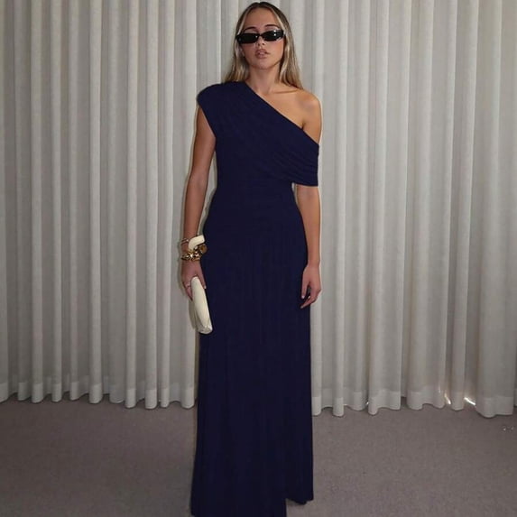 Navy Blue Women One Shoulder Ruched Maxi Dress Asymmetrical Draped Neck Slim Fit Evening Party Gown